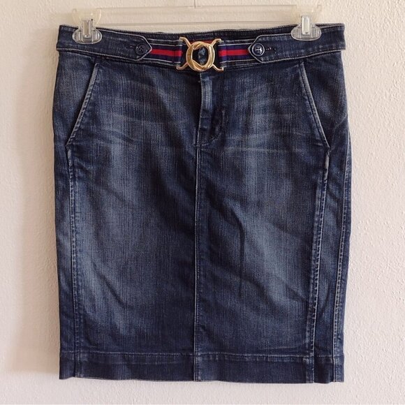 7 For All Mankind Size 28 Waist Denim Midi Skirt Blue Pockets Belt Detail - Picture 1 of 7